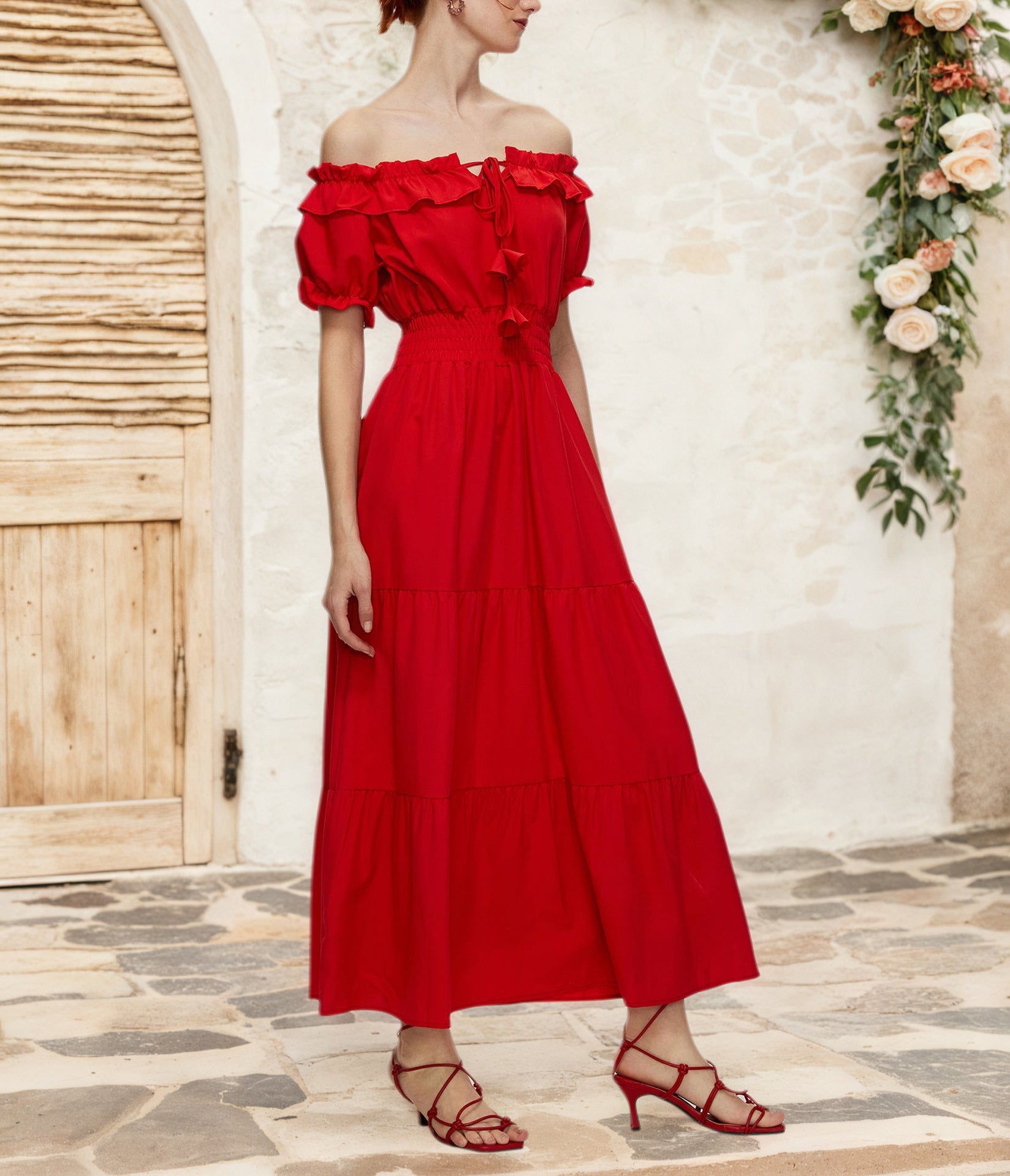 women's off-shoulder ruffle bubble short sleeve lace-up dress 6