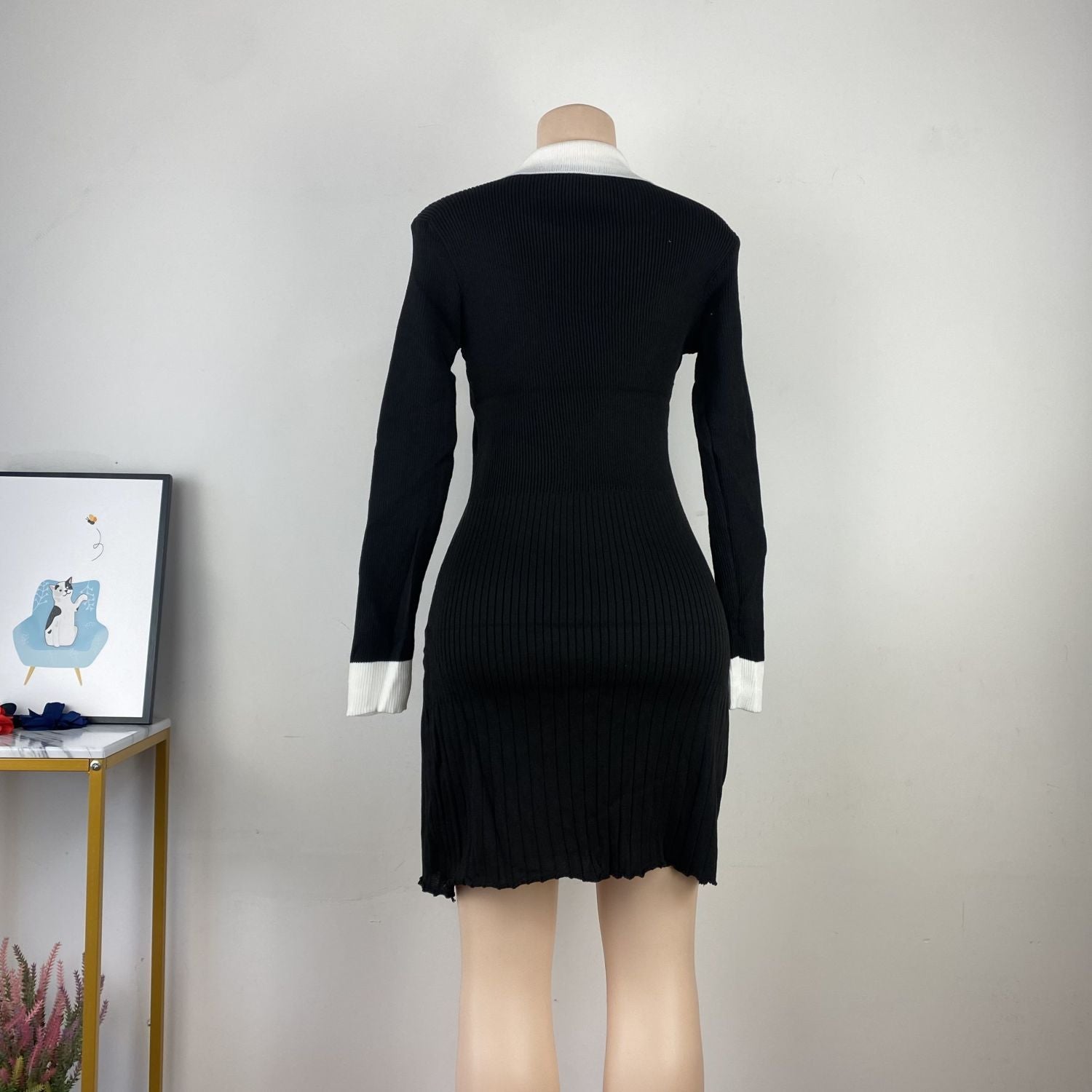 Autumn Casual Chic V-Neck Color Block Slim Fit Stretchy Knit Bodycon Dress 11