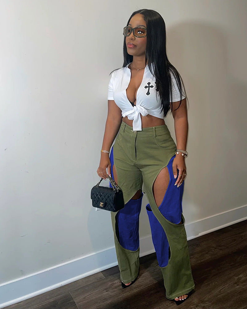 Women's Contrasting Lines Patchwork Cutout Casual Pants Trendy Wear with Loose Pants 11