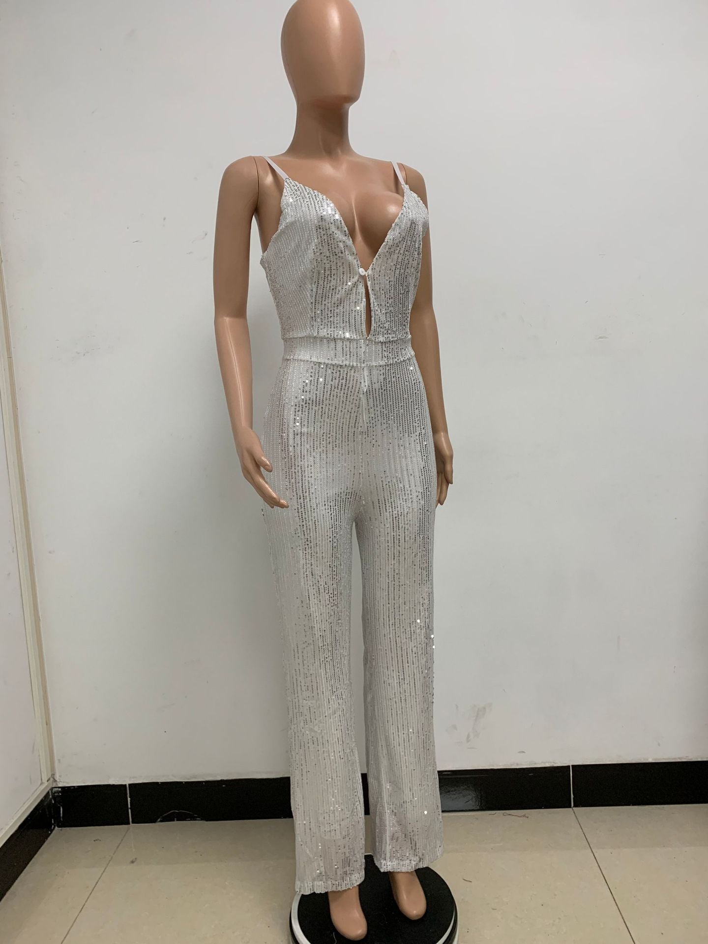 Deep V Neck Low Back Sleeveless Chic Sequined Straps Elegant Women's Party Jumpsuit 142