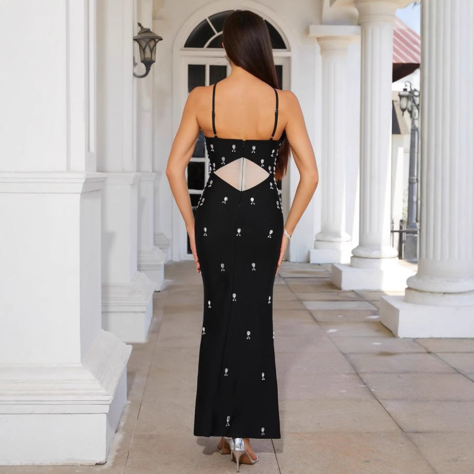 Women Black Dark Pattern Backless Dress 5