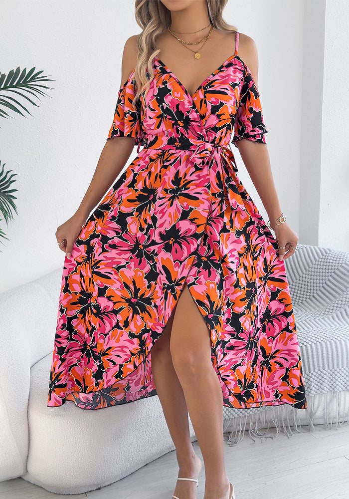 Women spring and summer off-shoulder cross v-neck flower suspender Holidays dress