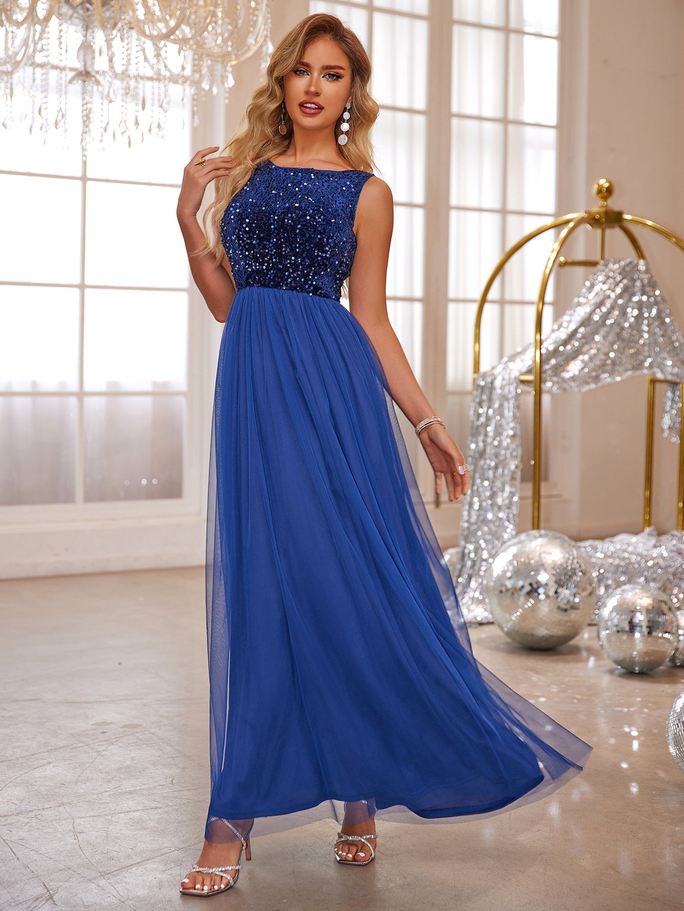 Fashion Women's Sequin Mesh Patchwork Sleeveless A-Line Evening Dress 4