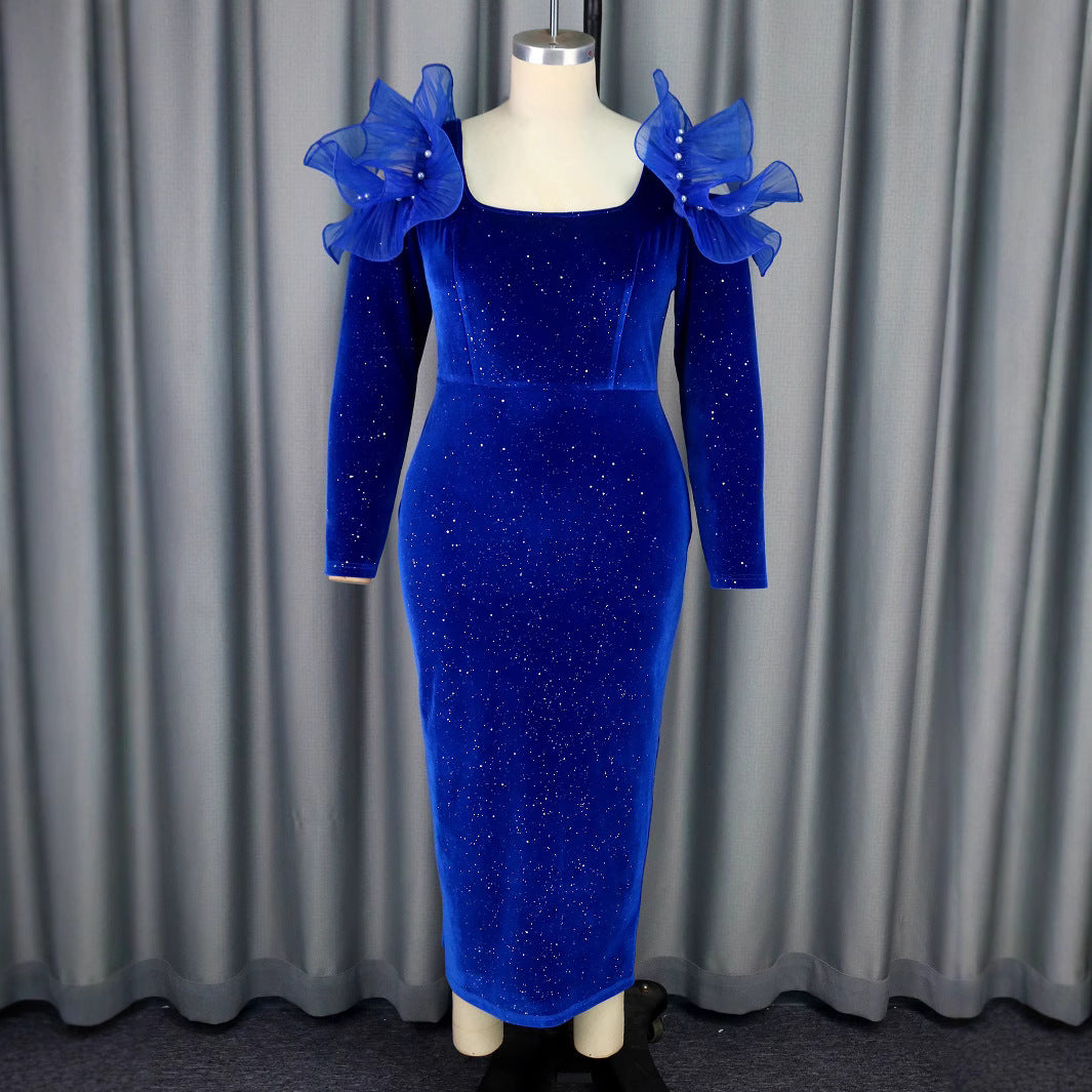 Women Elegant U-neck Backless Mesh Patchwork Formal Party Long Sleeve Dress 4