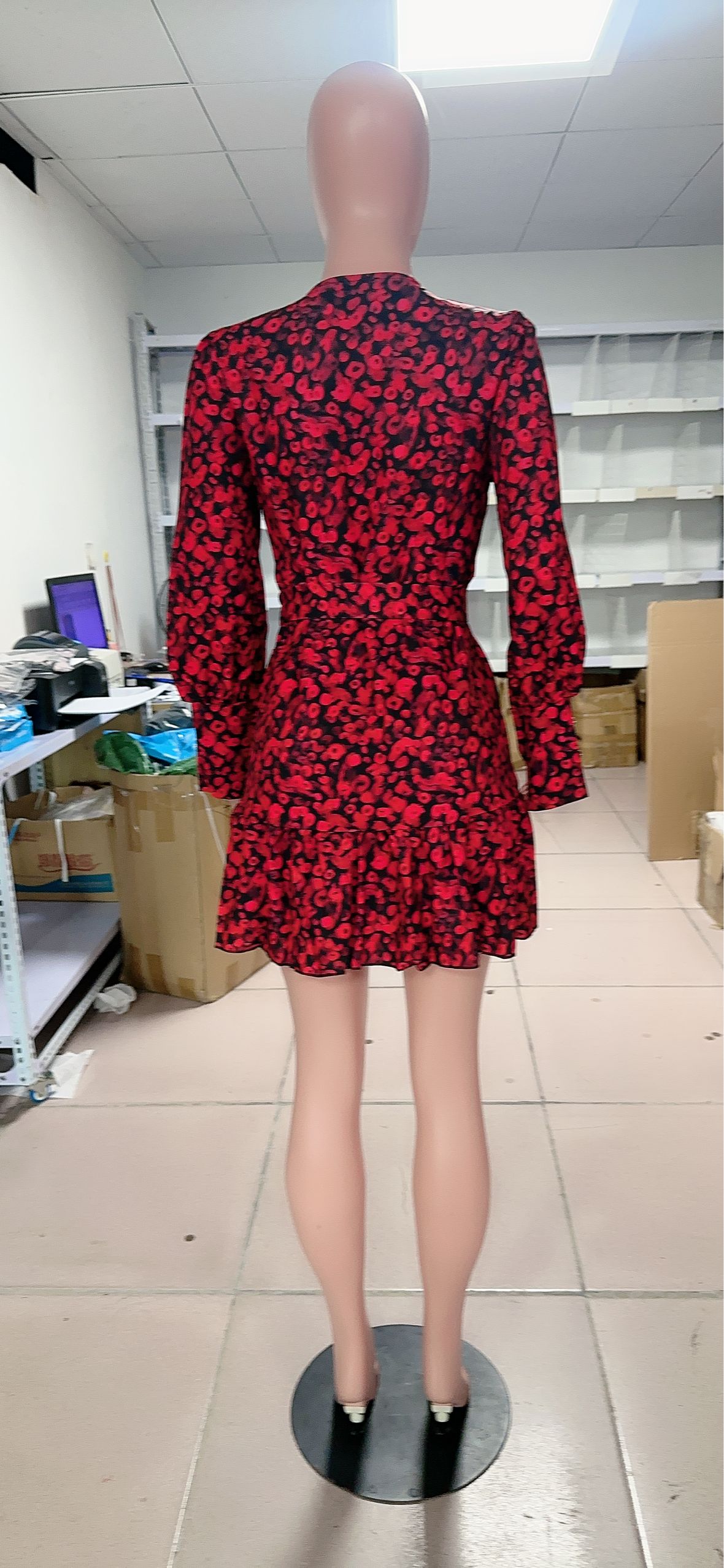 Autumn v-neck tie ruffle puff sleeve print dress 14