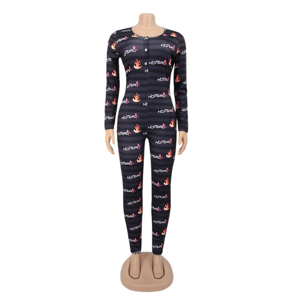 Women Round Neck Long Sleeve Printed Jumpsuit 22
