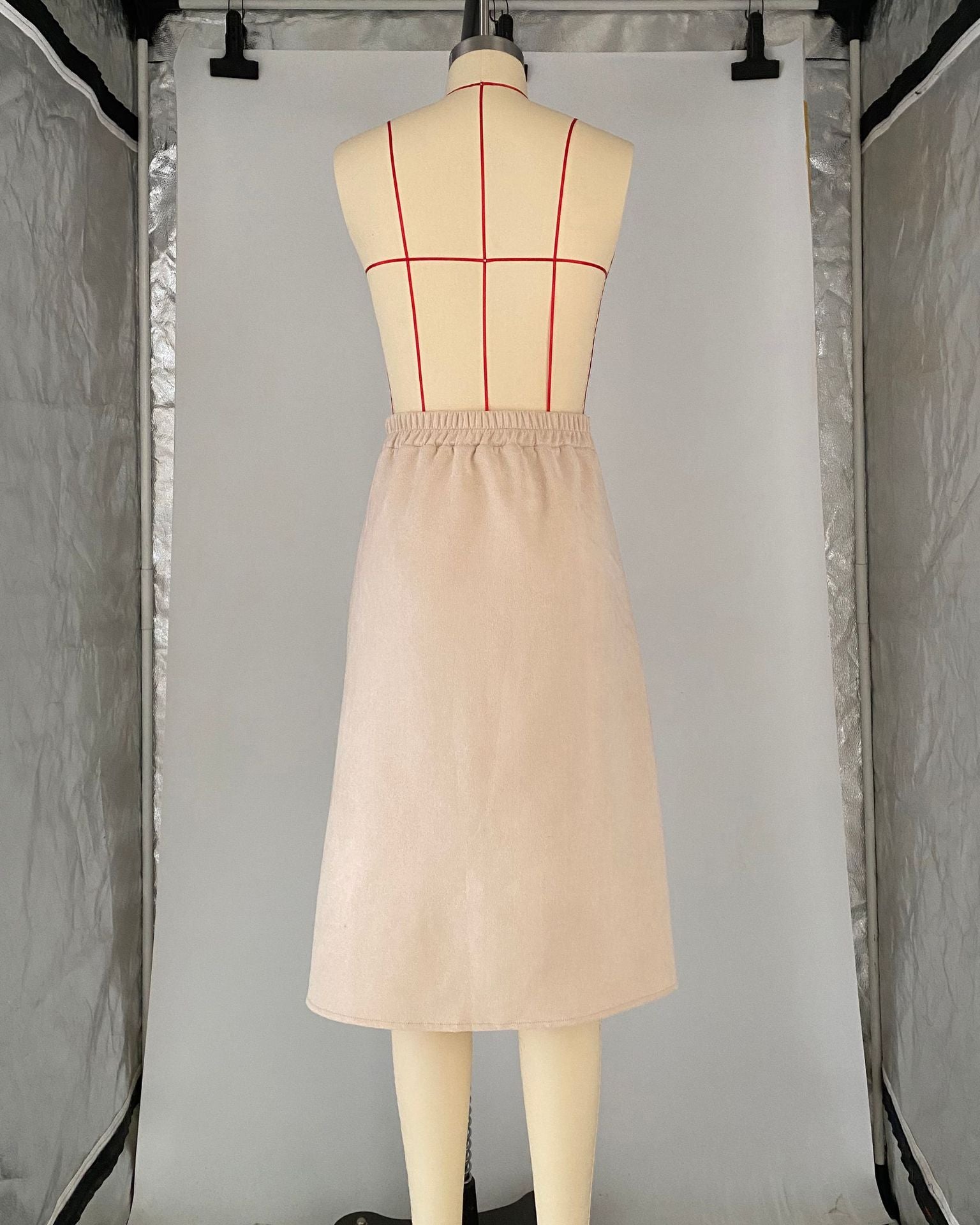 Women's Faux Suede Autumn And Winter Elastic Waist Front Pocket A-Line Midi Skirt 10