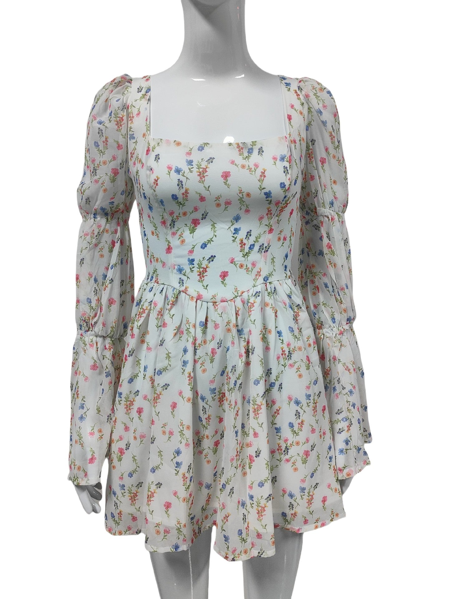 Autumn Square Neck Puff Sleeve Floral Dress 5