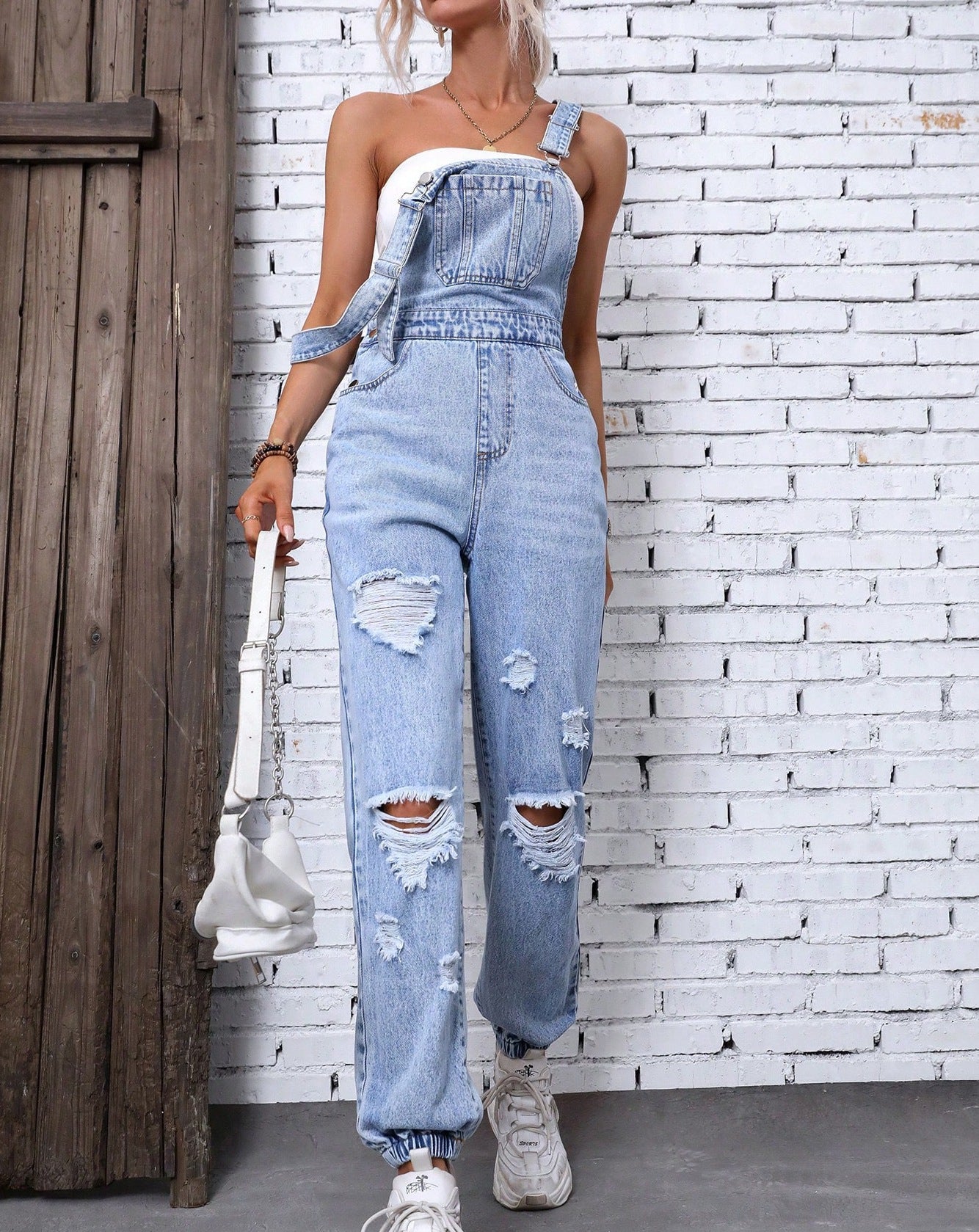 Women's Straps Overalls Ripped Denim Jumpsuit 3