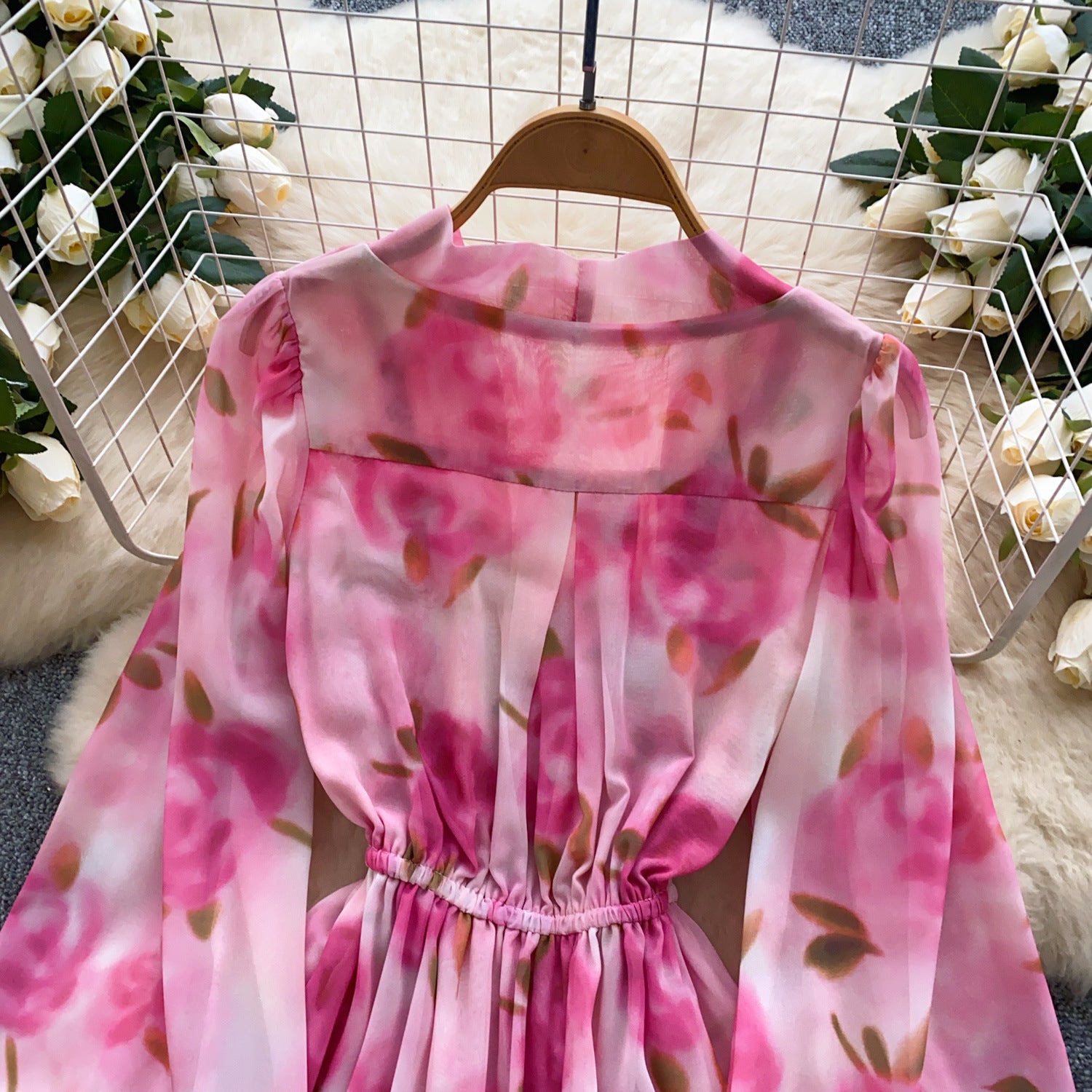 Holidays Style Women's Lace Up Slim Waist V neck Lantern Sleeve Ruffled Floral Short Dress 12