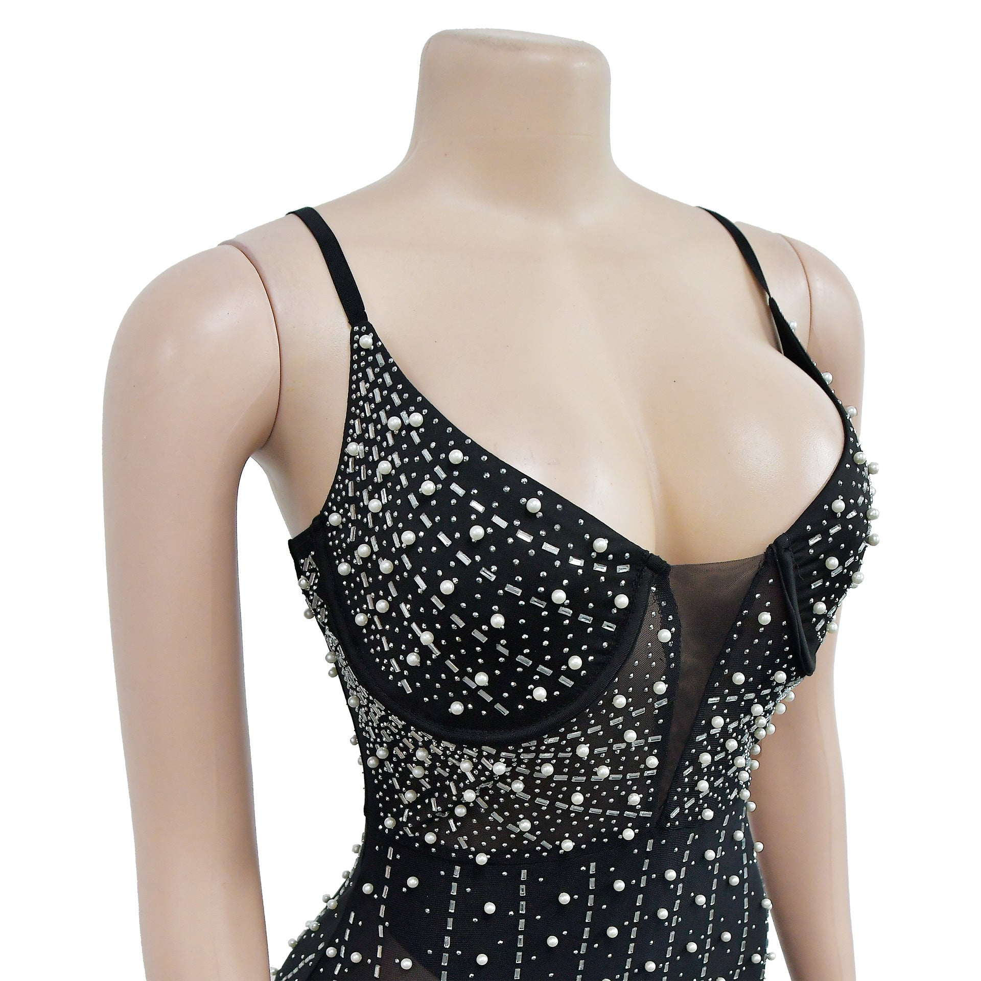 Women Solid Beaded Mesh Sleeveless Dress 15