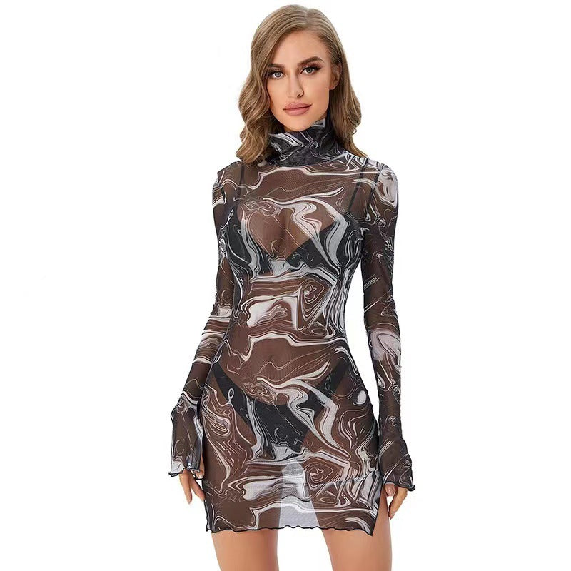 Printed Round Neck Bell Bottom Sleeve Women's Summer Slit Bodycon Dress 4