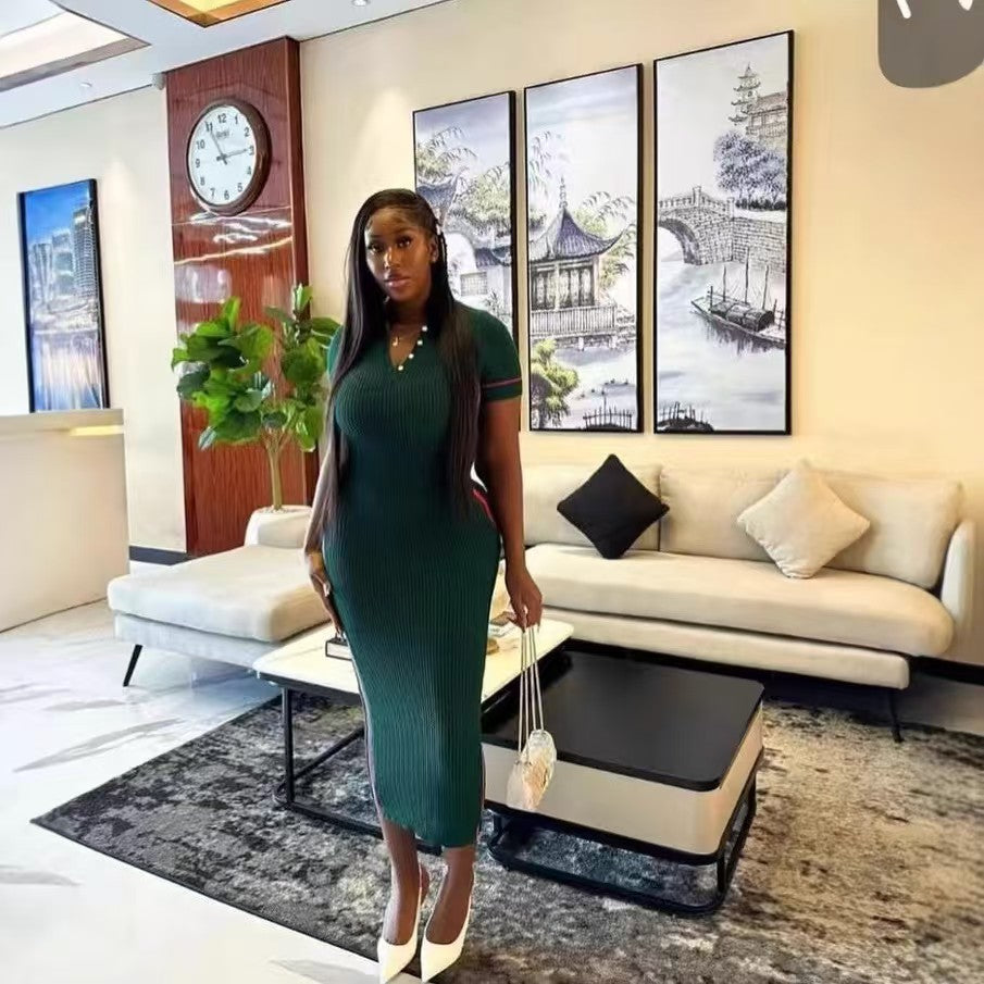 Women's Fashion Turndown Collar V-Neck Short Sleeve Knit Midi Dress 8