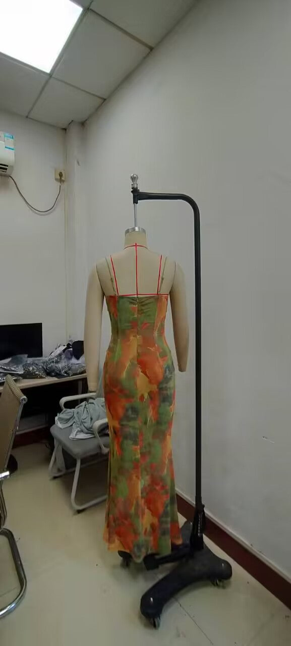 Women Sexy Double Tie-Dye Printed Backless Strap Dress 9