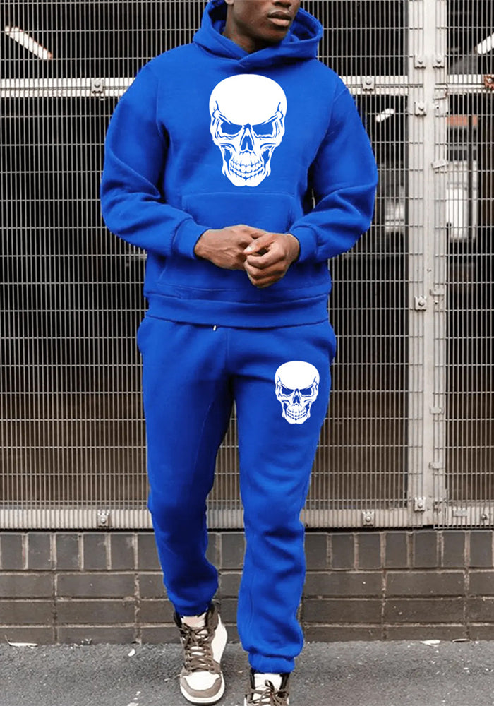 Men's Autumn and Winter Casual Skull Print Hoodies and Sweatpants Two-piece Set