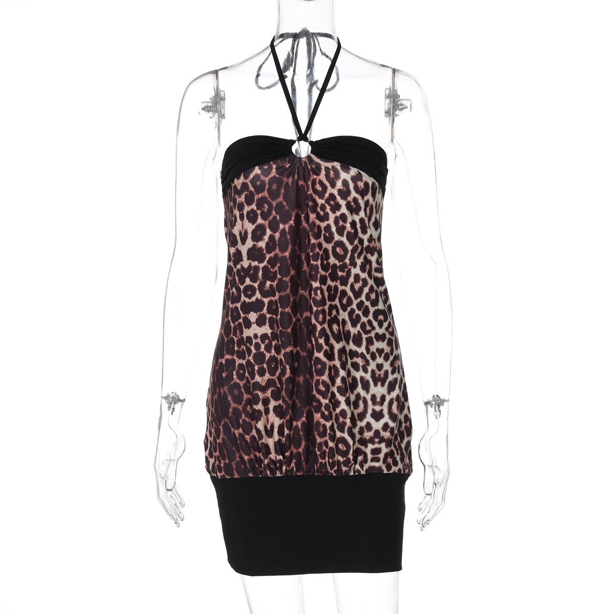 Women's Summer Tie Halter Leopard Patchwork Short Bodycon Dress 5