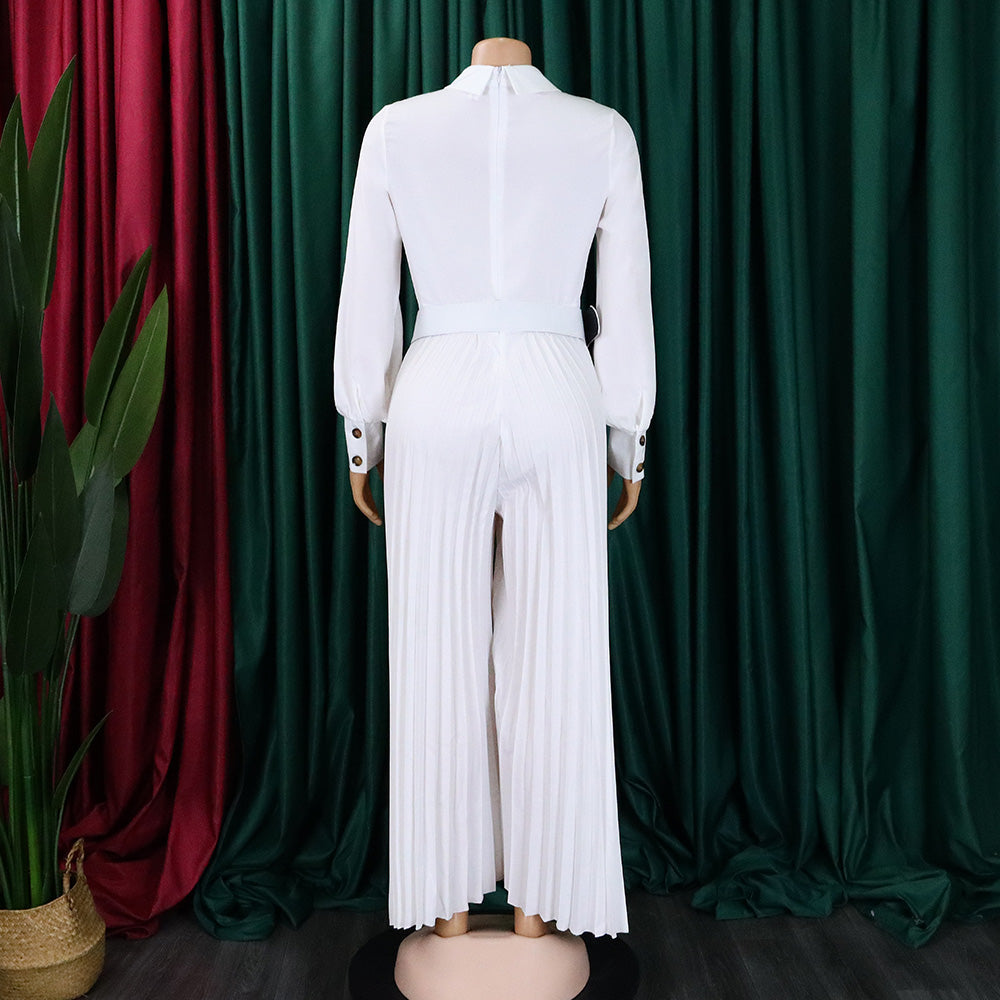 Women's Fall Winter Long Sleeve Casual Loose Pleated Wide Leg Jumpsuit with Belt 19