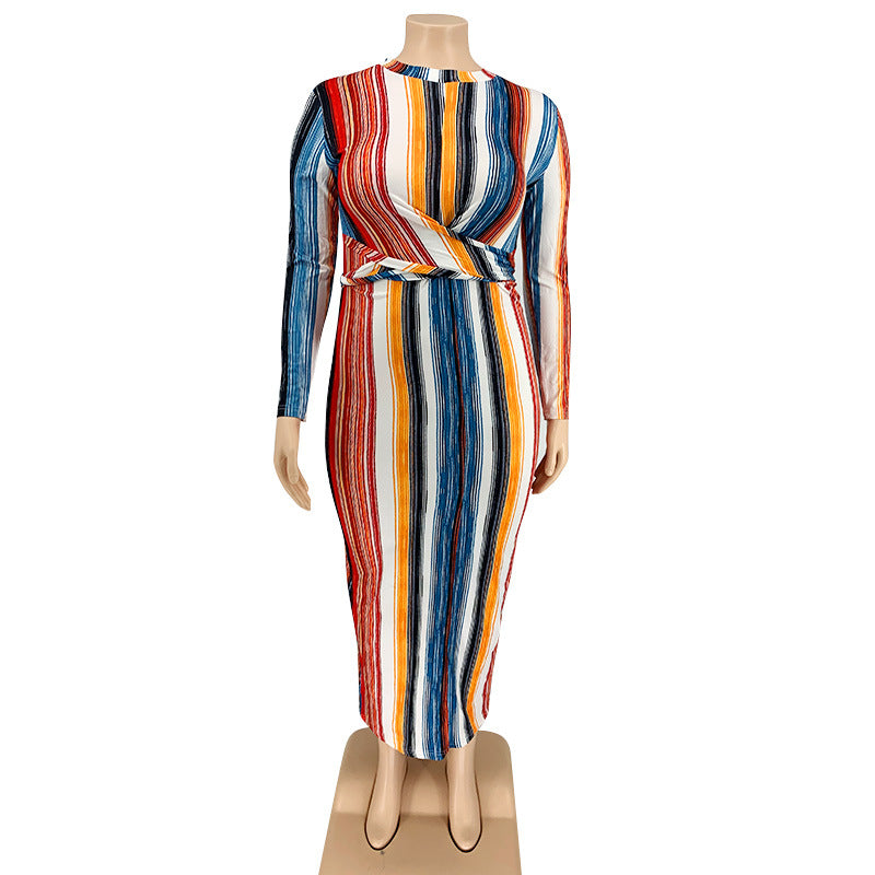 Multi-Color Stripes Tight Fitting Lace-Up Tie Winter Plus Size Women's Long Dress 5
