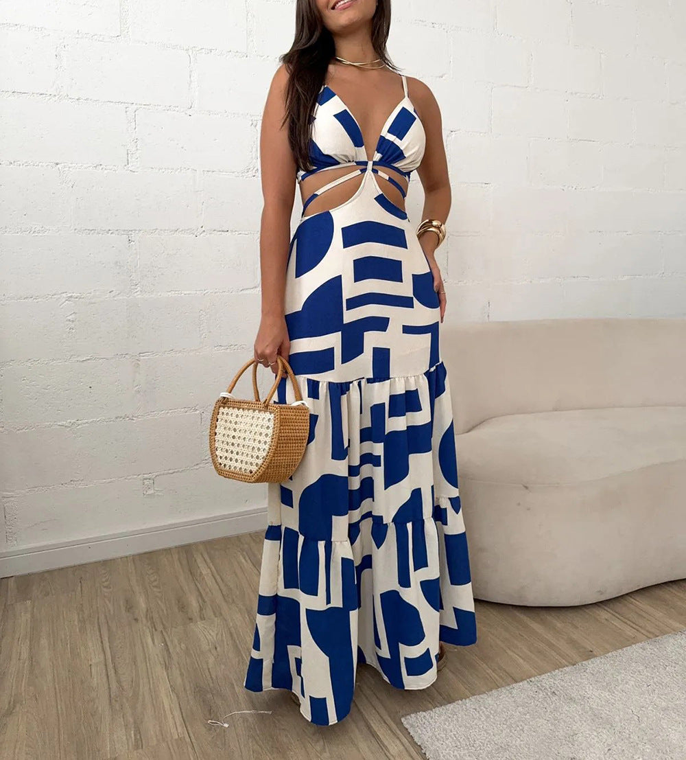 Summer print Low Back hollow Lace-Up Long dress 5