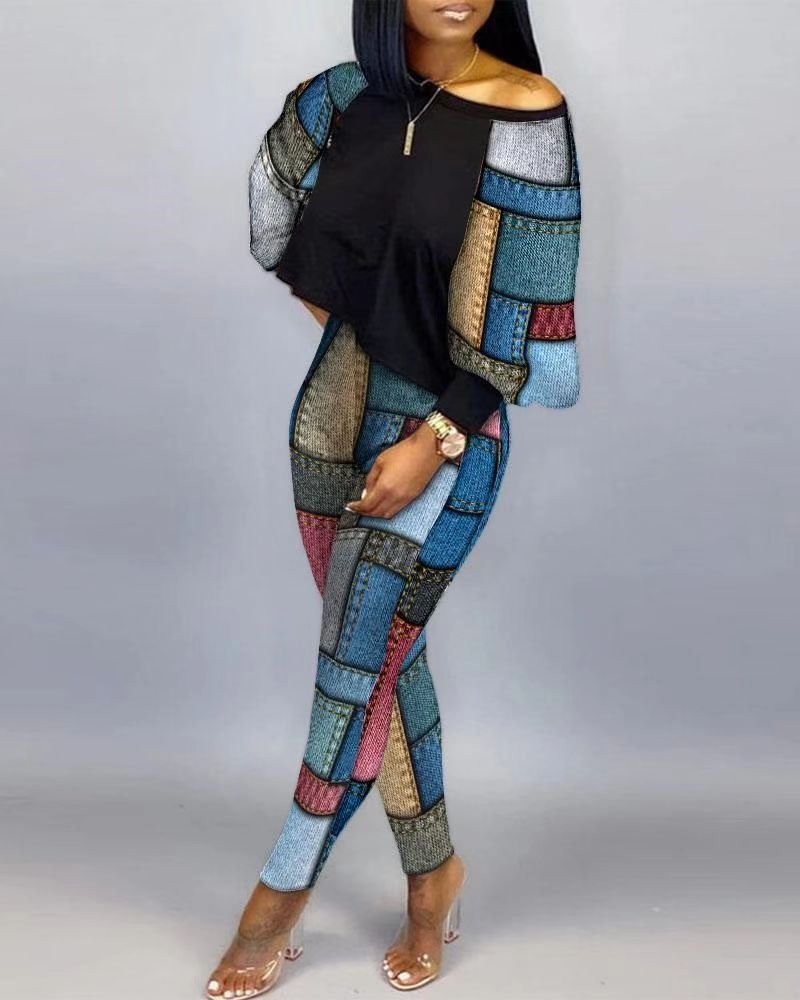 Women Long Sleeve Round Neck Print Off Shoulder Top and Pant Casual Two Piece Set 11