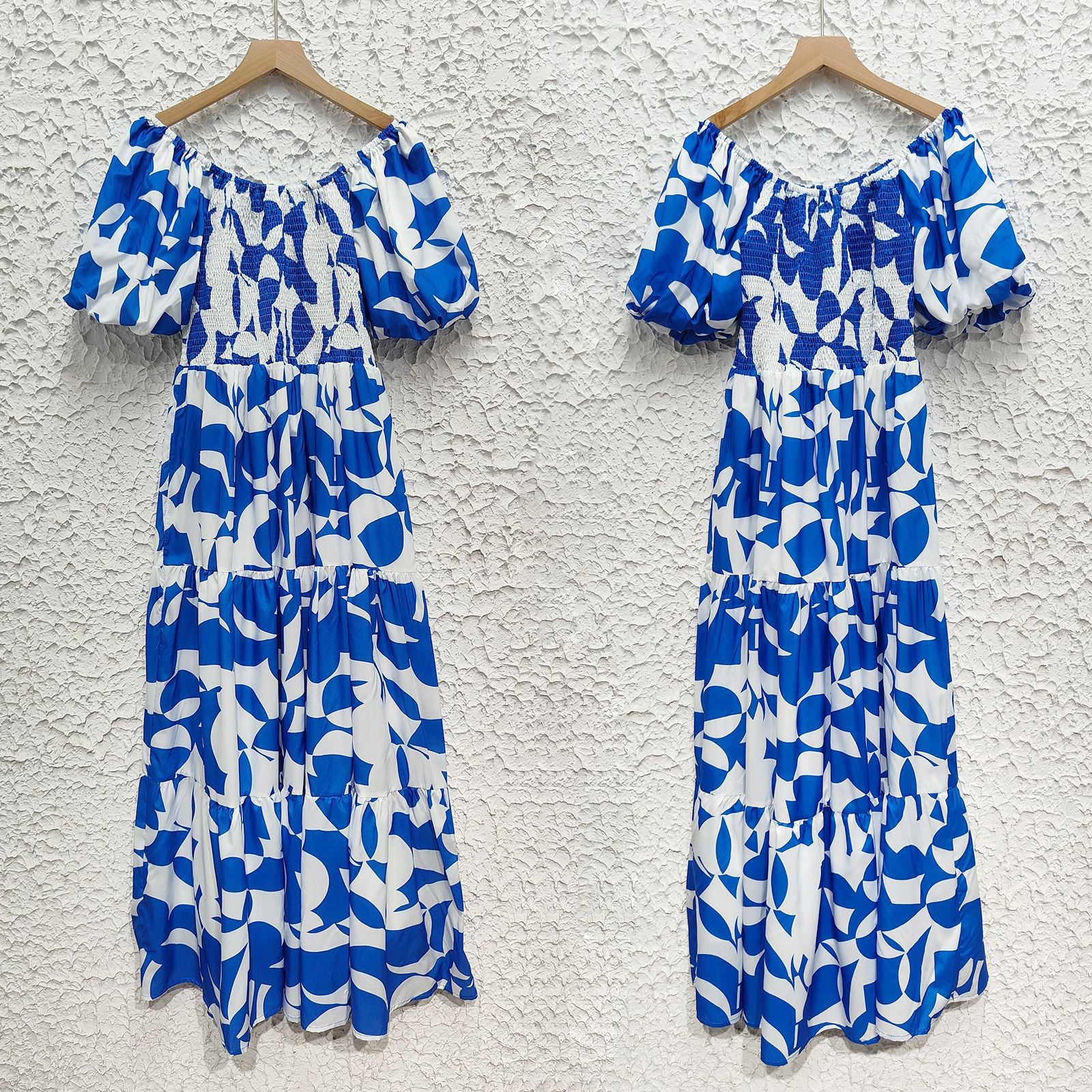 Women Elegant Print Off Shoulder Puff Sleeve Dress 7