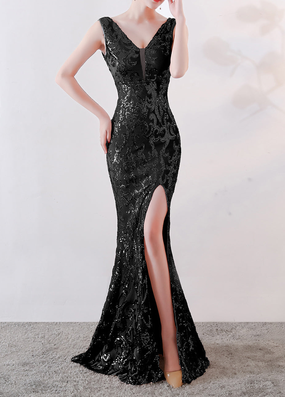 Mesh Embroidered Sequins Long Slim Mermaid Dress Women Formal Fashion Party Dress