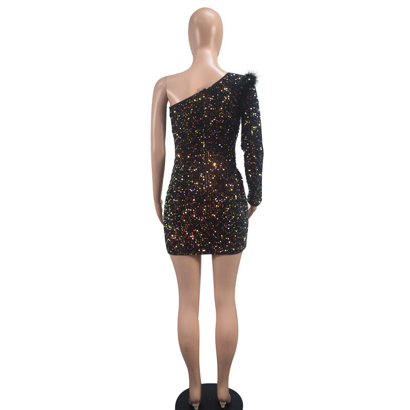 Women's Fashionable Sexy Slim One Shoulder Sequined Evening Dress 22
