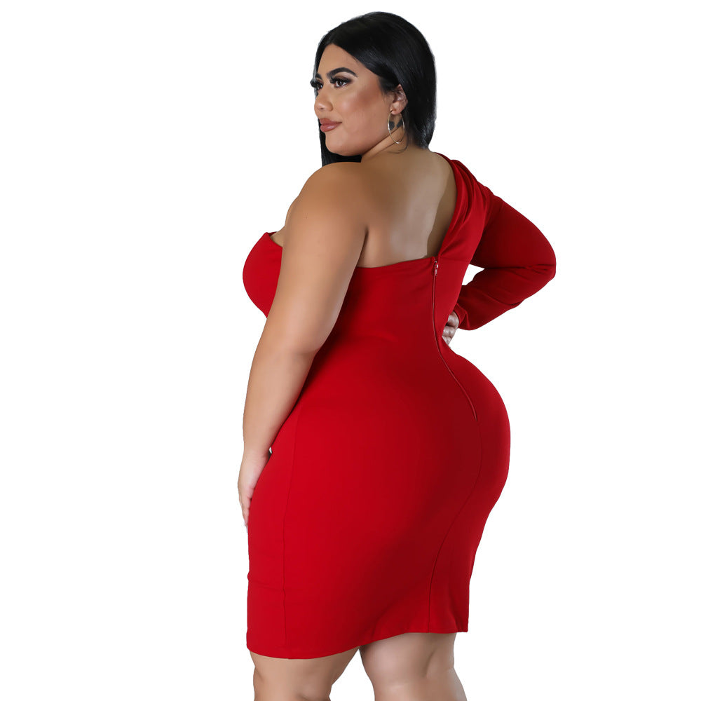 Plus Size Women'S Summer One Sleeve Solid Tight Fitting Sexy Formal Dress 7