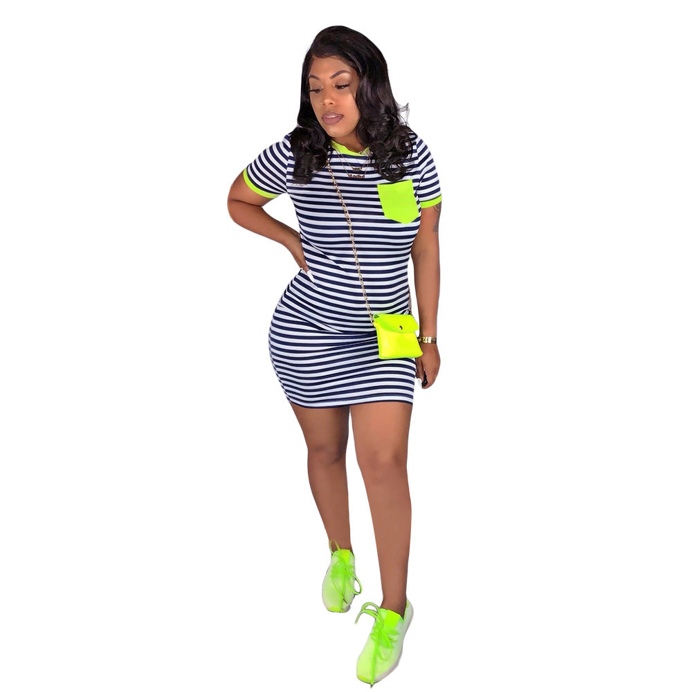 Summer Striped Print Pocket Dress 39