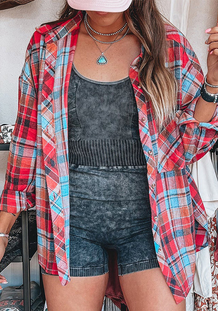 Simple Casual Top Plaid Print Loose And Single-Breasted Multi-Button Long-Sleeved Shirt
