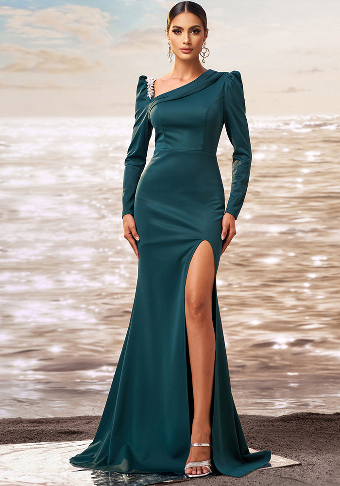 Women long sleeve Slash Shoulder Bodycon Formal Party fishtail slit evening dress