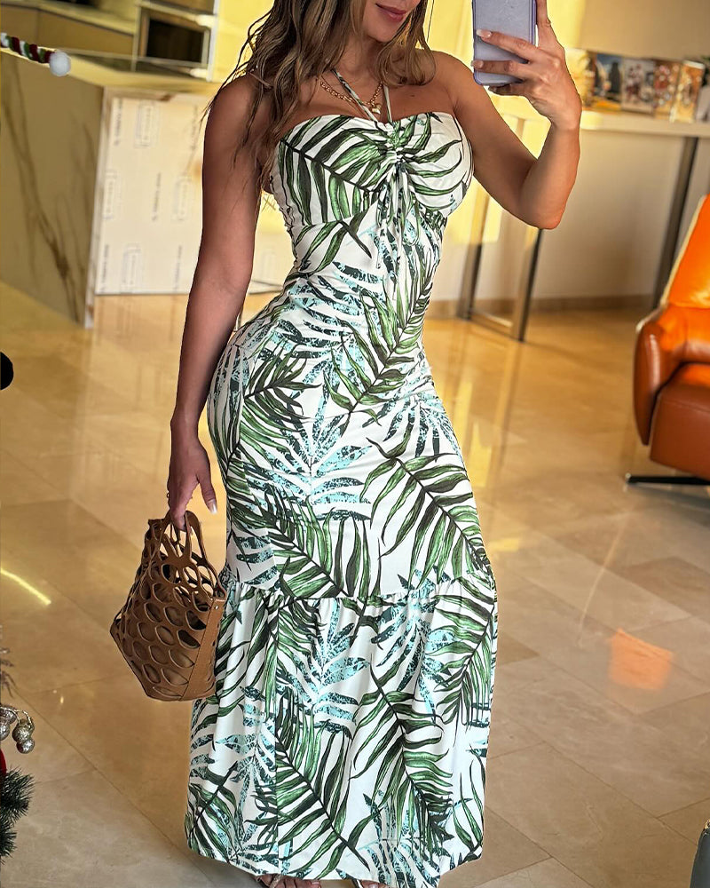 Women Printed Sexy Halter Neck Holidays Maxi Dress