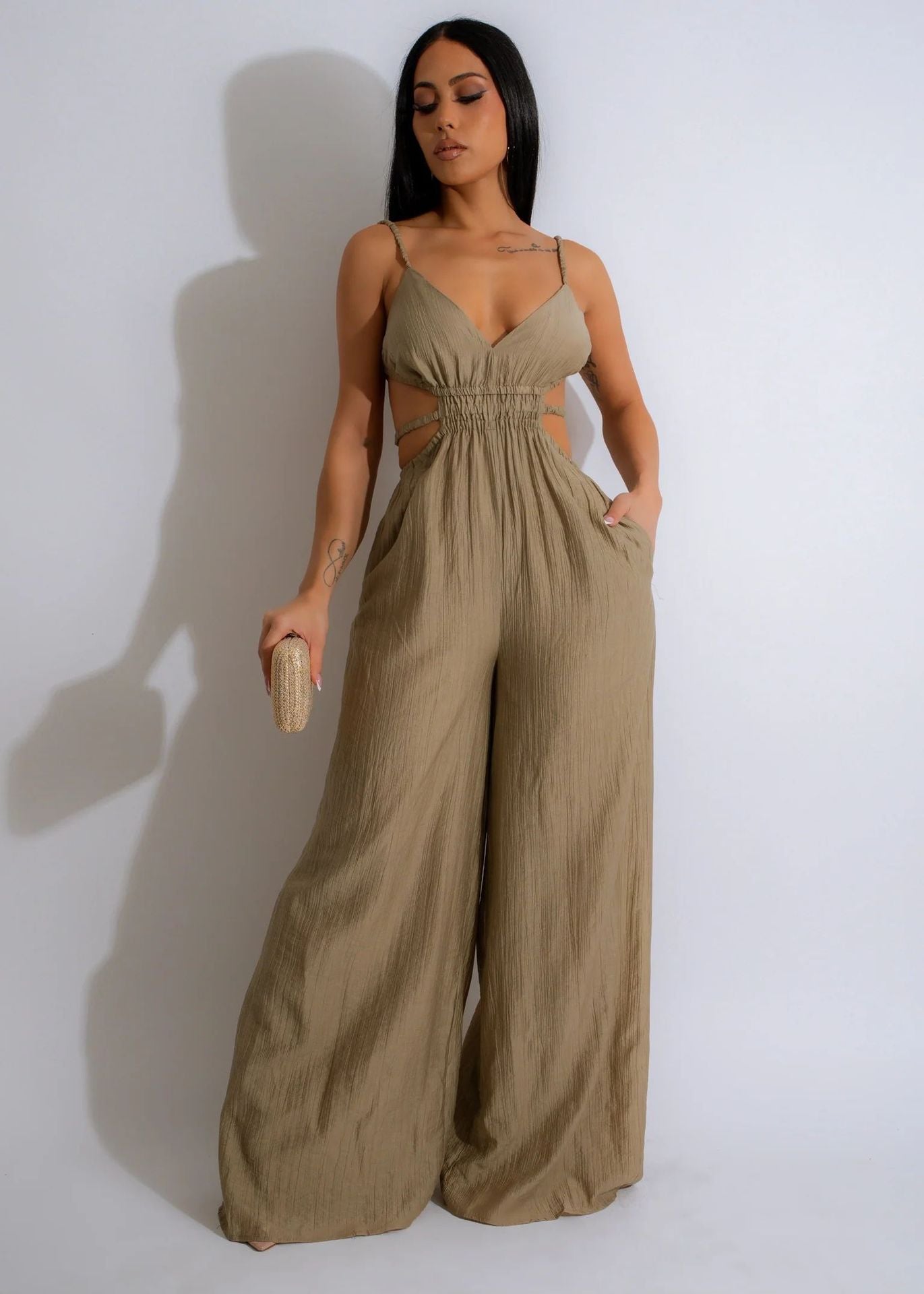 Pure Color Women's Fashionable Strap Low Back Wide Leg Jumpsuit 4
