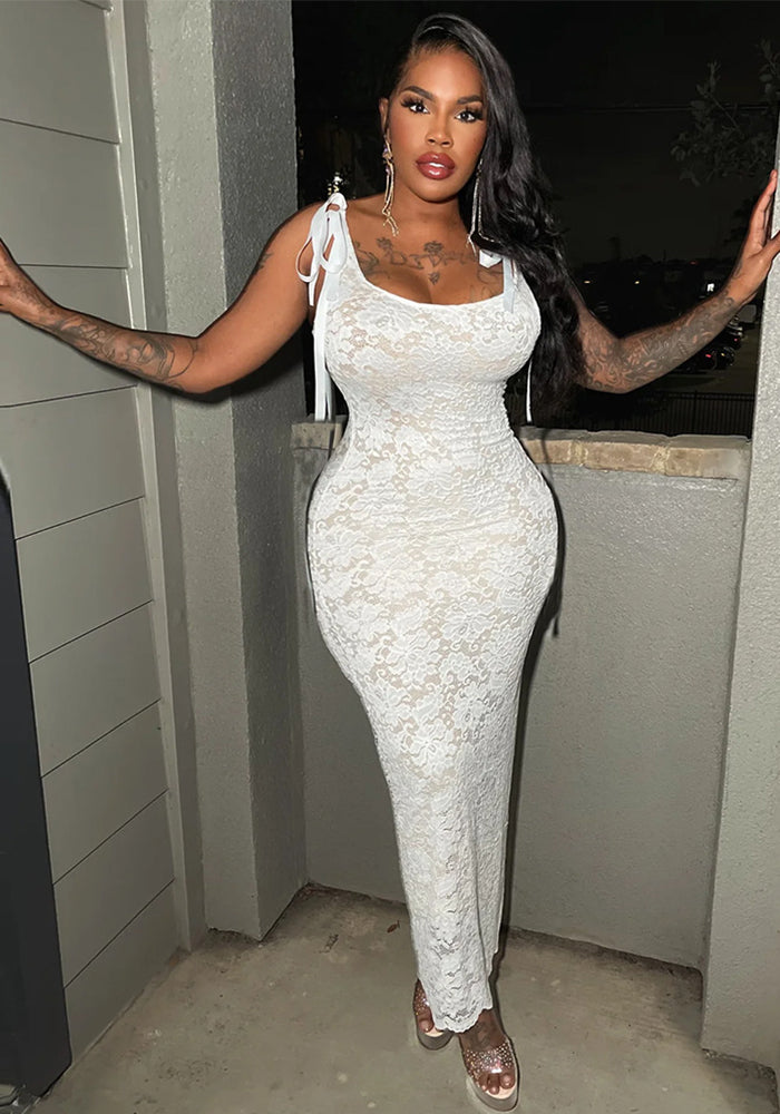 Women's Spring Summer Lace-Up Bowknot Strap Sexy Low Back Lace Double Layer Long Dress