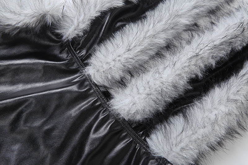 Women's Autumn Winter Fashion Sexy Faux Fur Patchwork Pu Leather Halter Neck Deep V-Neck Dress 16