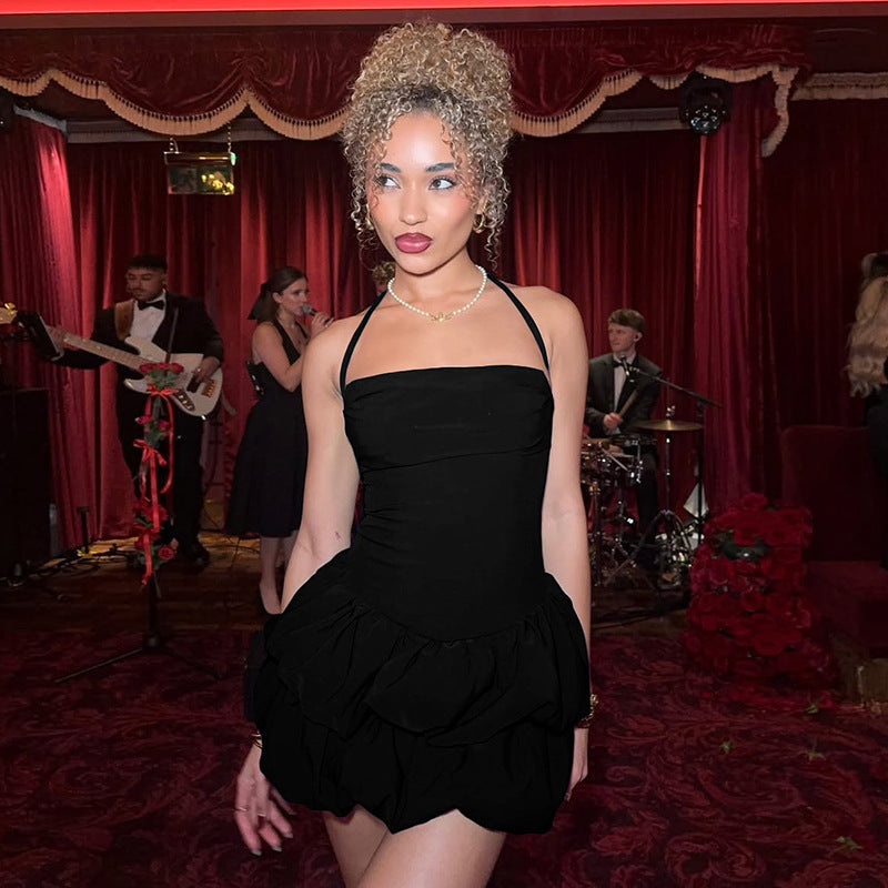 Spring Sexy Low Back Strapless Puffy Halter Neck Solid Color Puffy Short Dress