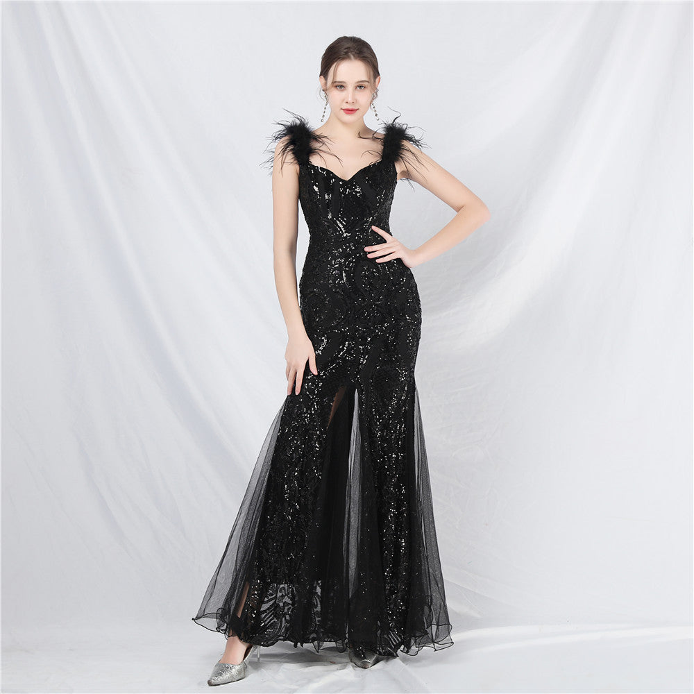 luxury feather mesh sequin long dress 8