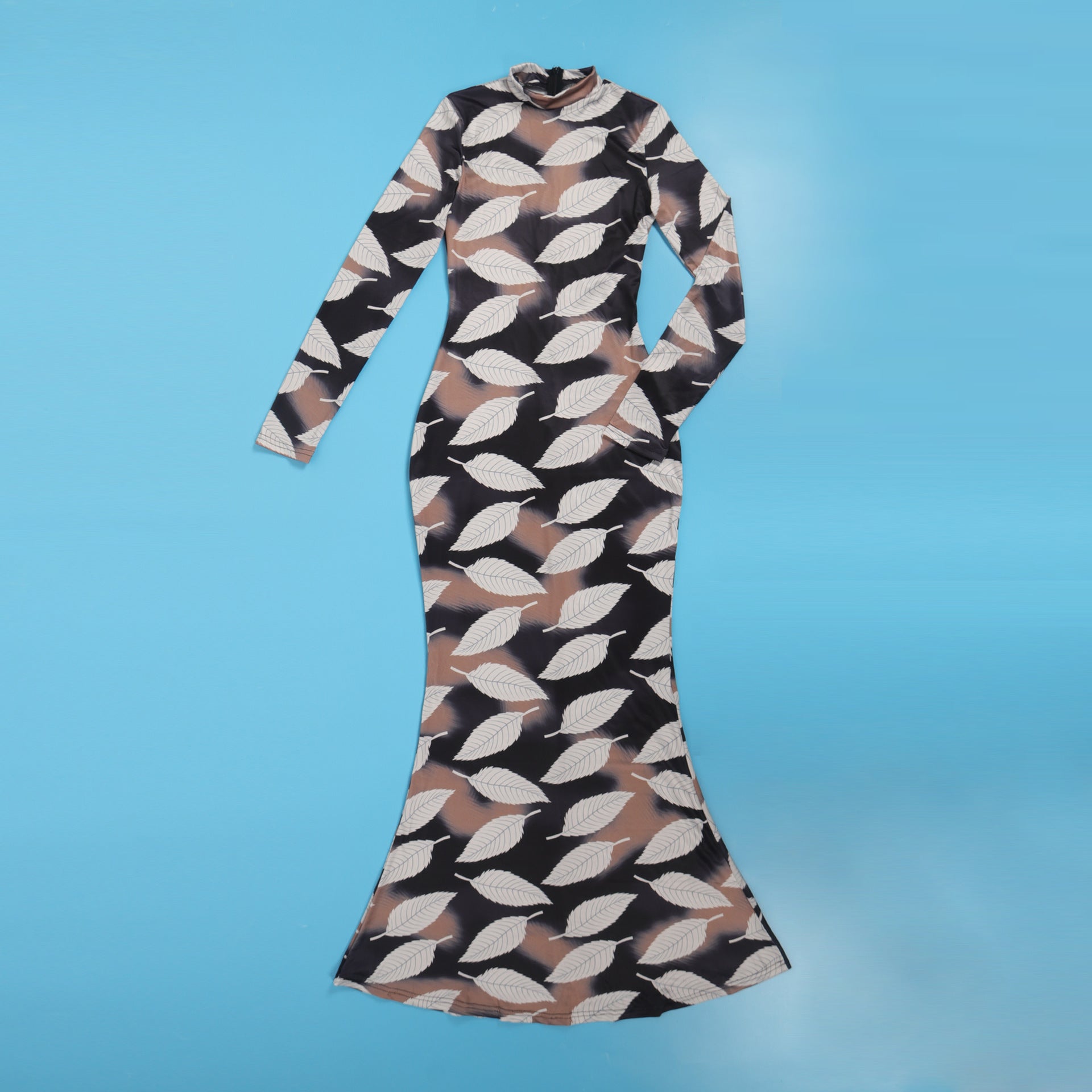 Sexy Printed Stretch Round Neck Long Sleeve Bodycon Tight Fitting Mermaid Long Dress 21