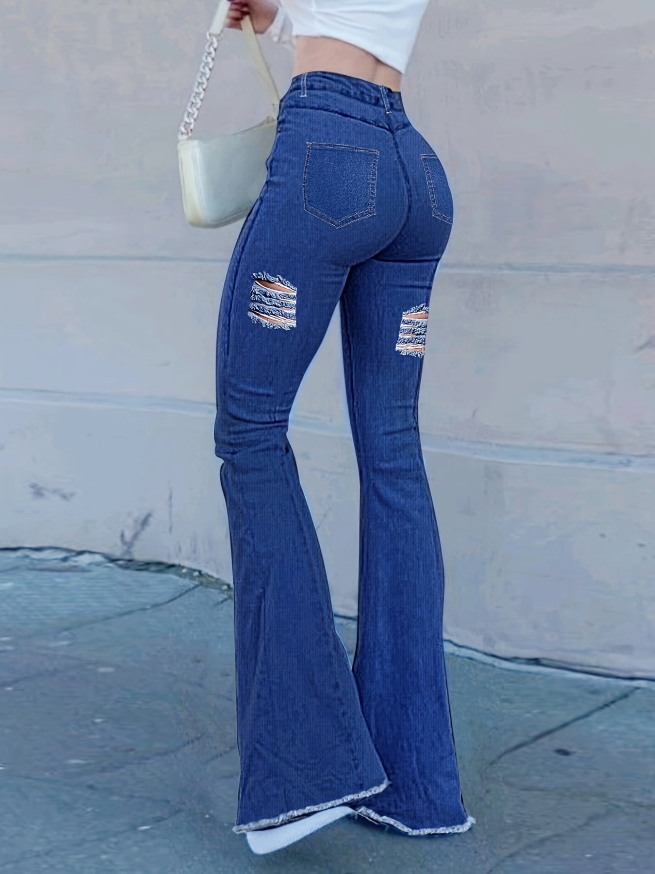 Women Ripped Denim Bell Bottom Pants 5