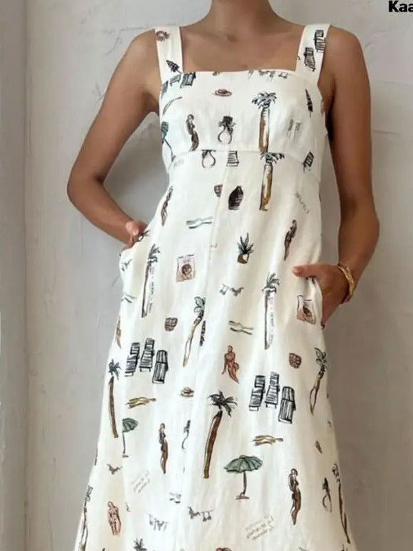 Bow Lace-Up Summer Women's Printed Strap Casual Long Dress 9