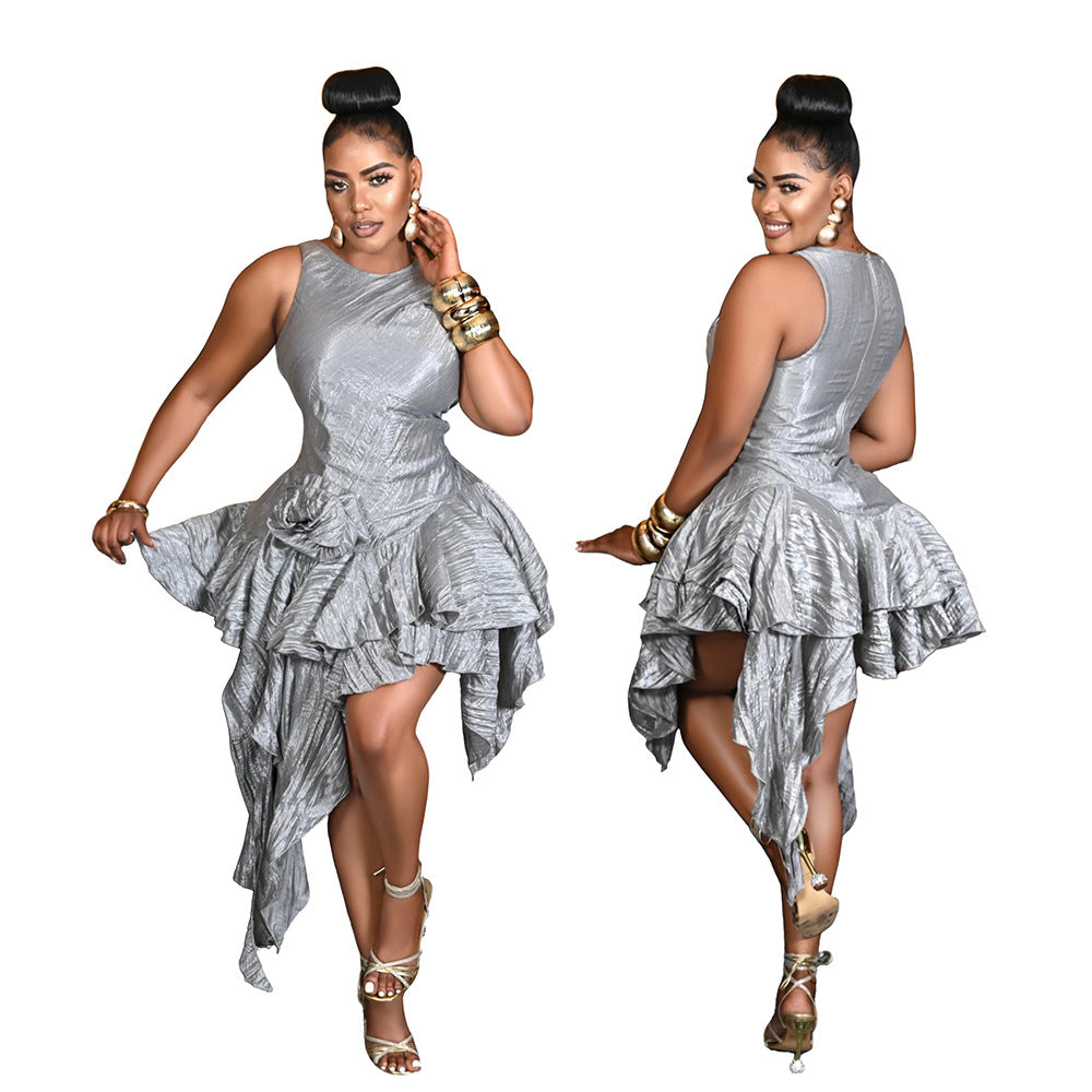 Round Neck Glitter Crinkle Irregular Solid Color Dress 3