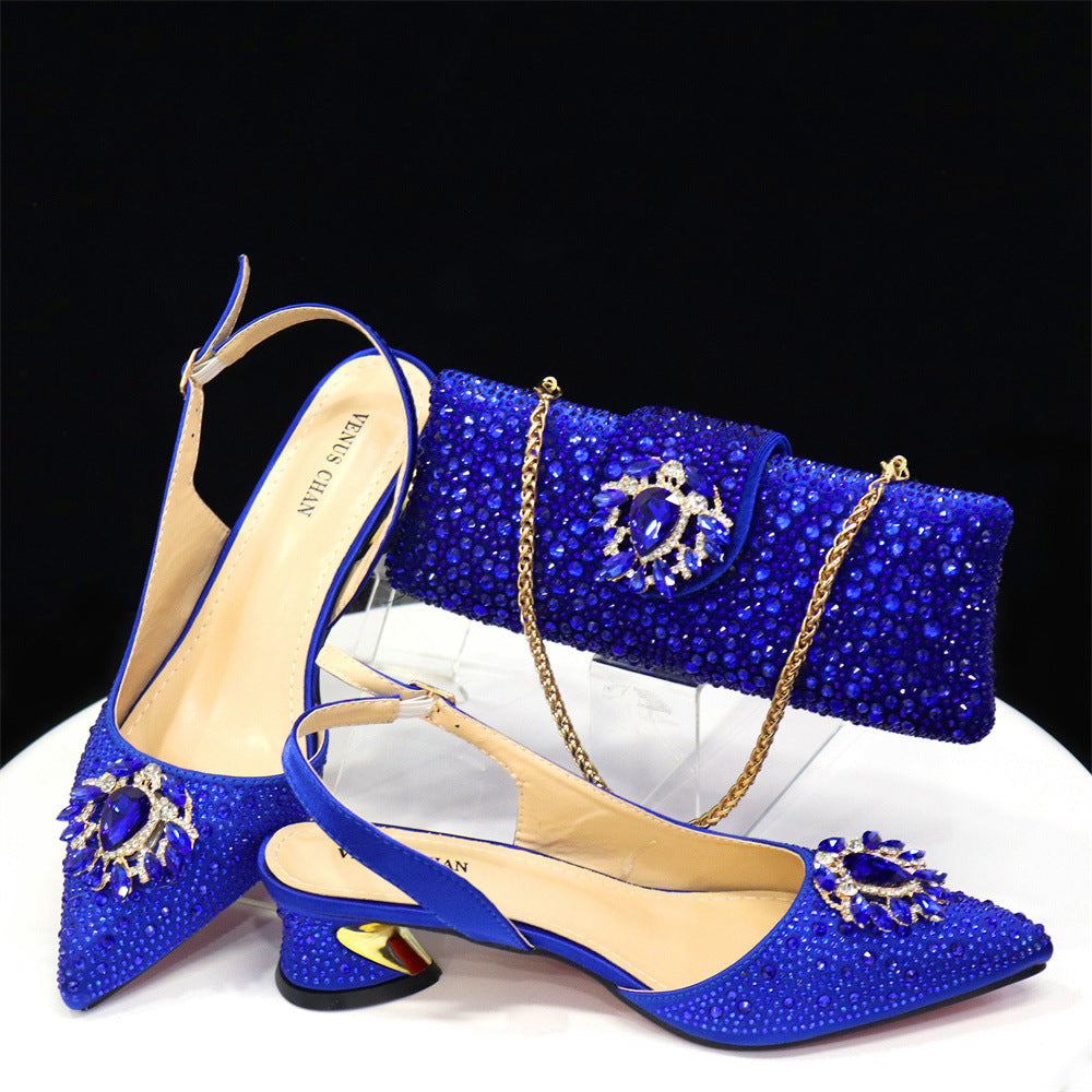 Ladies' Shoe And Bag Set Combination Low-Heeled Pointed-Toe Heeled Sandals With Square Diamond Bags