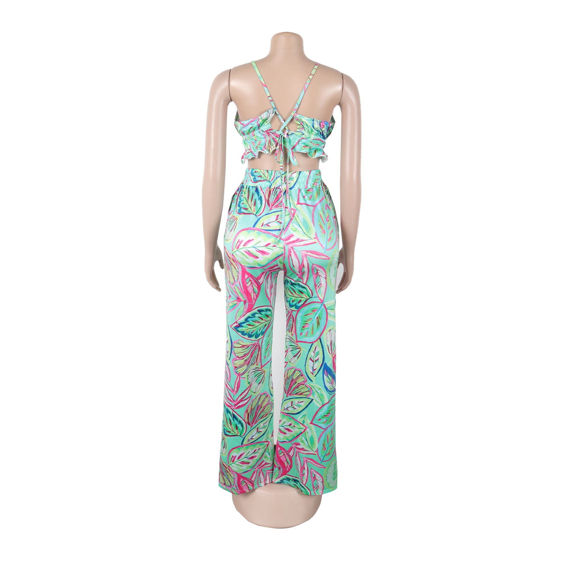 Women's Fashion Print Halter Neck Vest High-Waist Pants Two-Piece Set 19