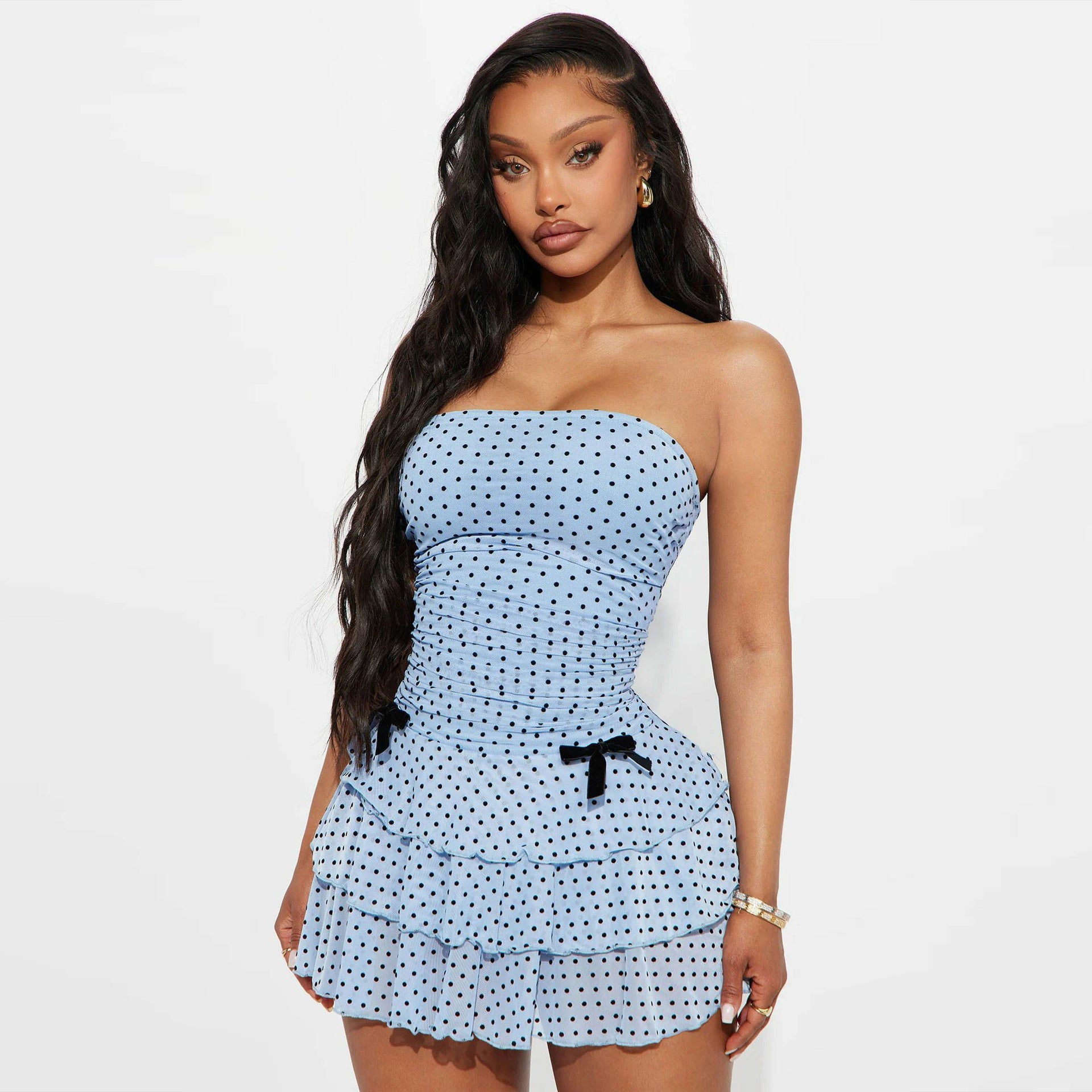 Women Summer Women Sexy Polka Dot Strapless Ruffle Bodycon Dress 3
