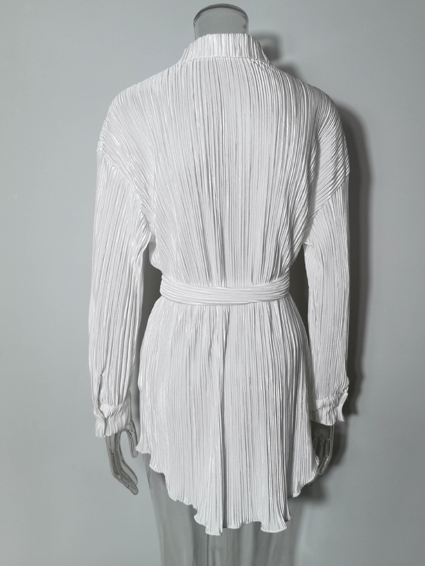 Women Pleated Long Sleeve Belted Shirt Dress 25