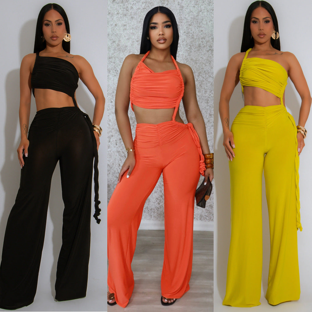 Women Halter Neck Strapless gathered tie rope wide leg jumpsuit 15