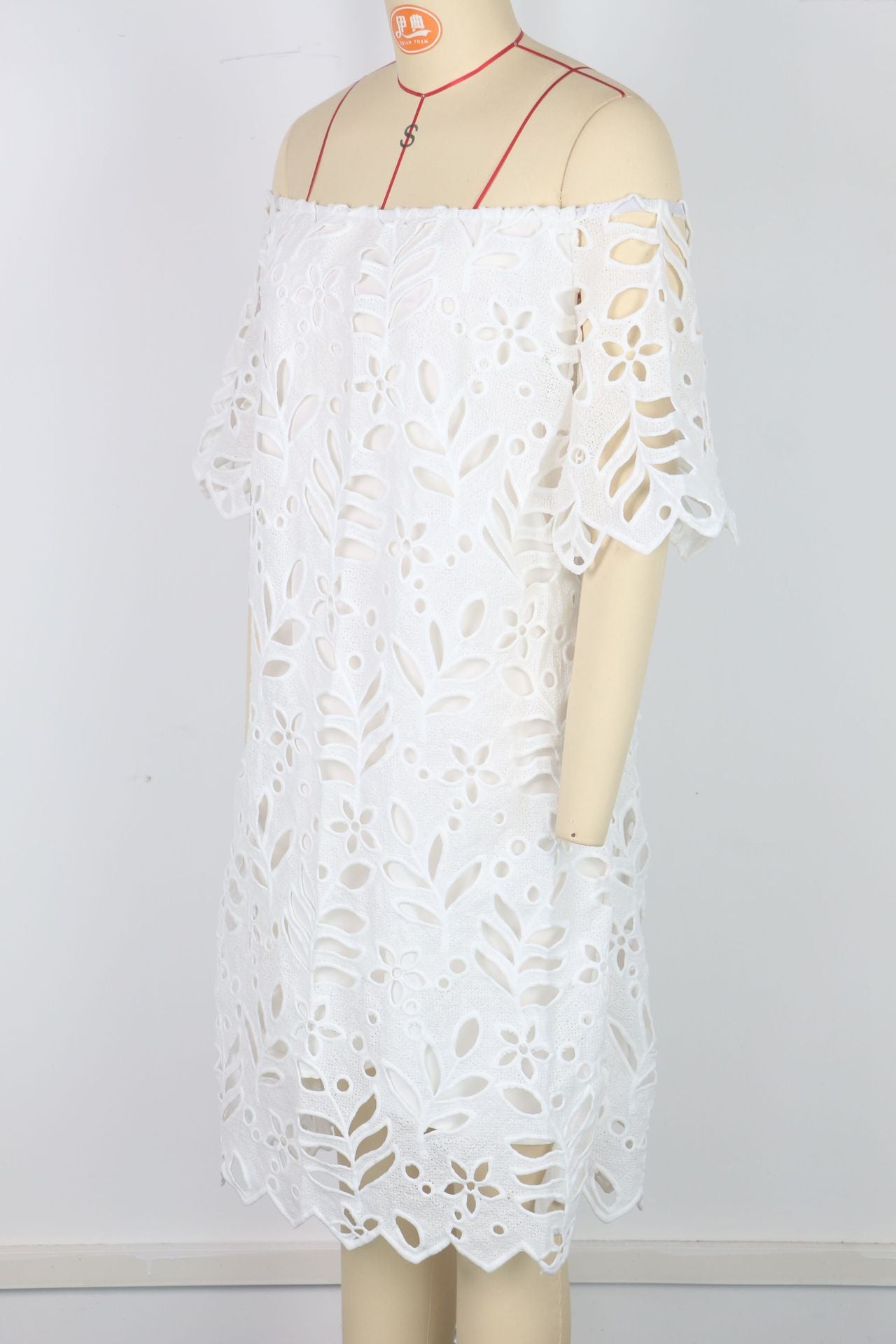 Women elegant Solid hollow laceOff Shoulder off-shoulder half-sleeve dress 7