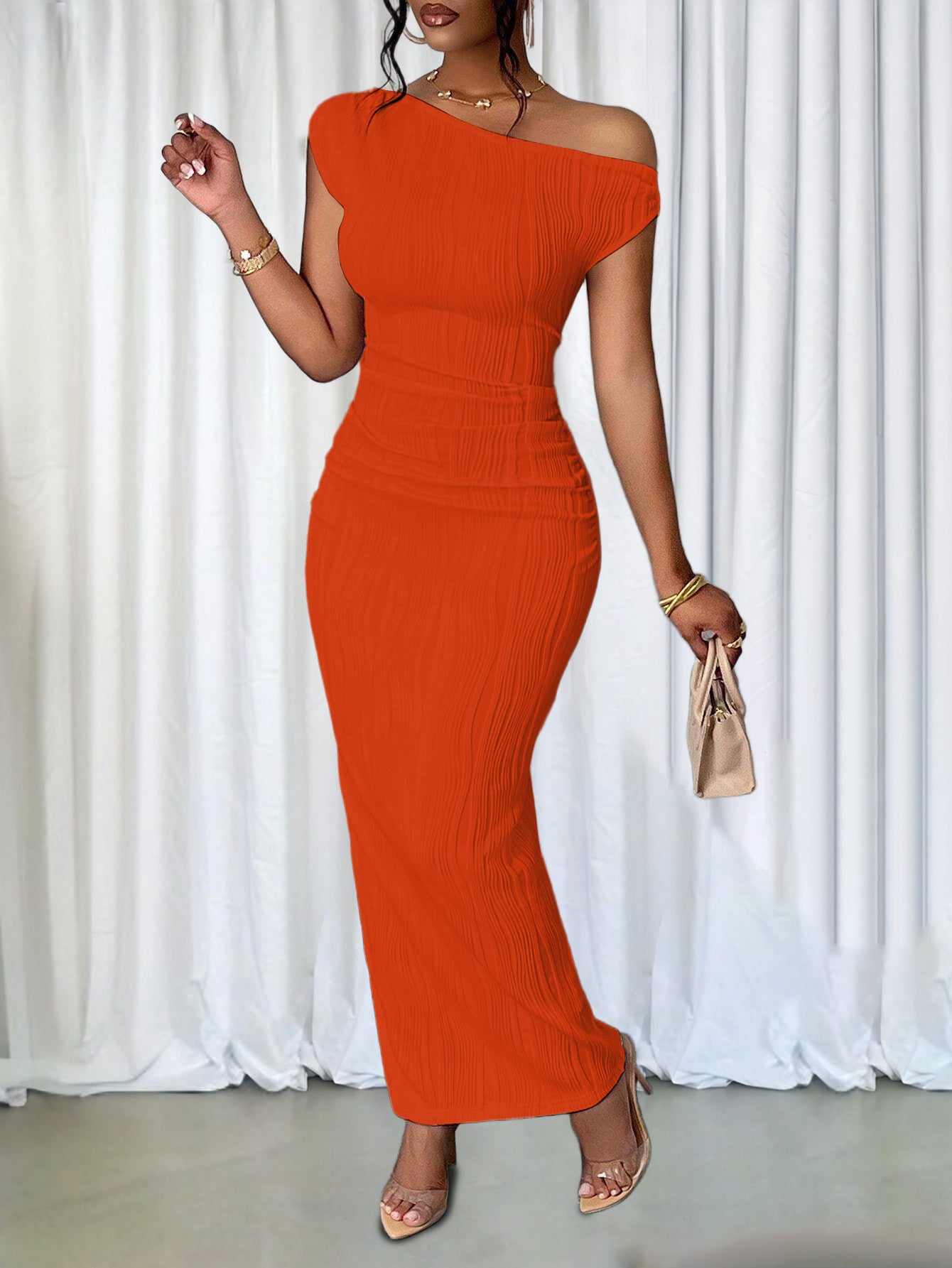 Fashion Ripple Slash Shoulder Slim Long Dress 3