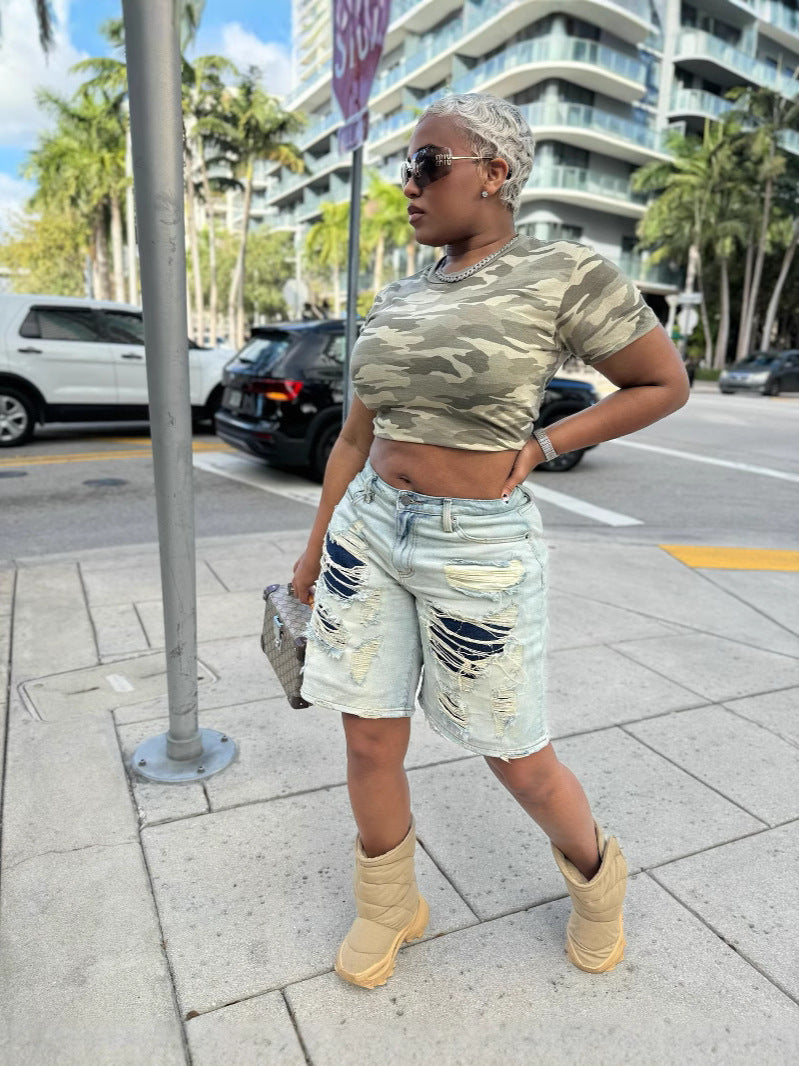 Women street fashion washed Ripped Patchwork Denim three-quarter pants 5