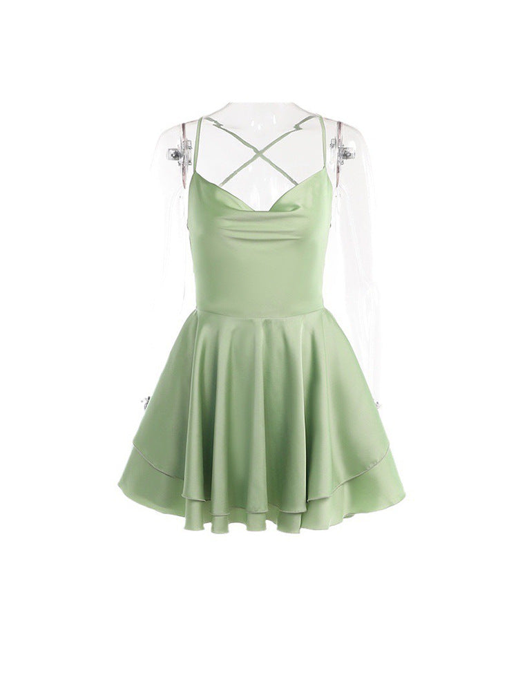 Summer Women's Sexy Strap  Lace-Up Backless Slim Waist Satin Party Dress 5